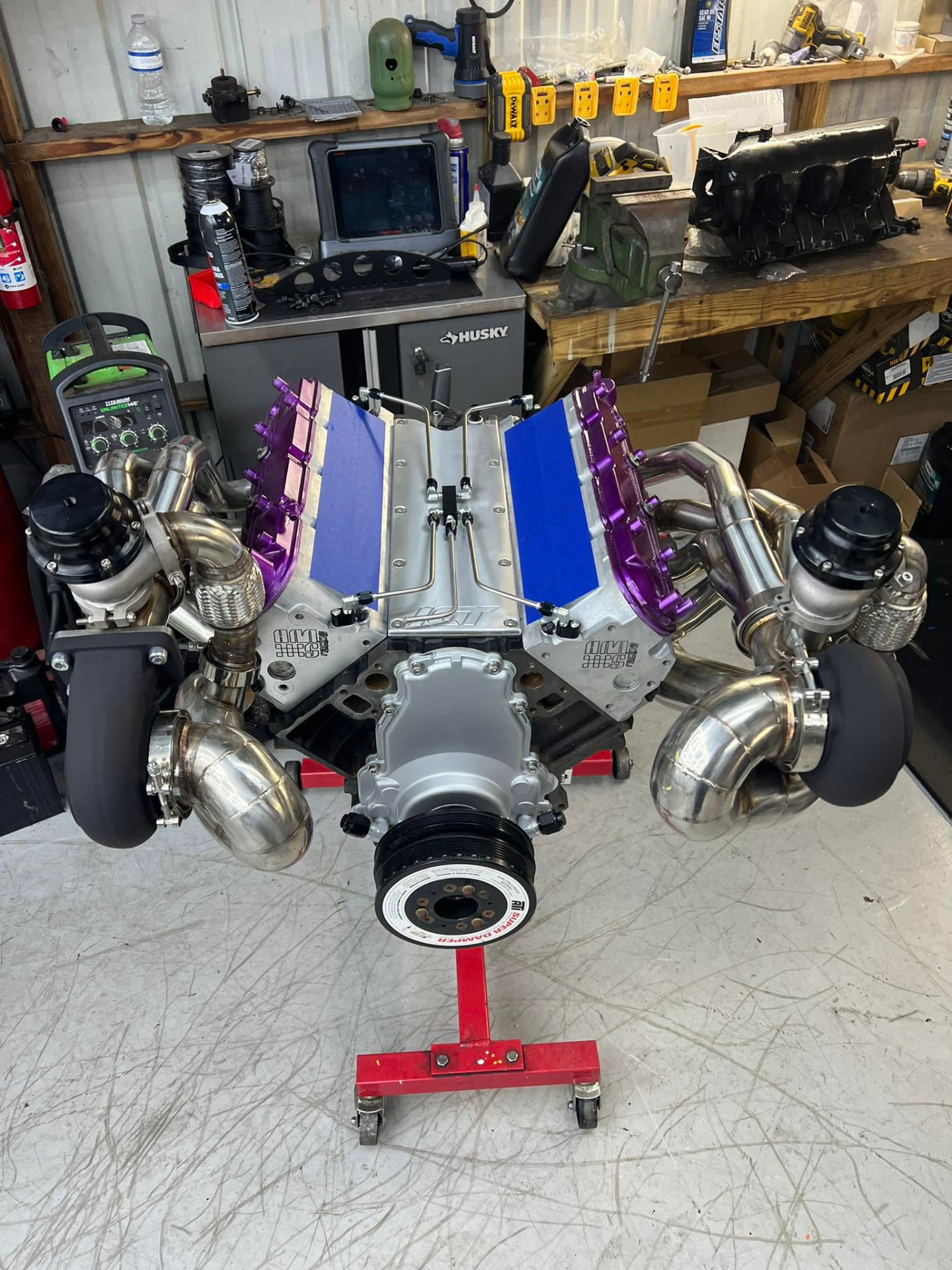 Twin-turbo engine on the build stand